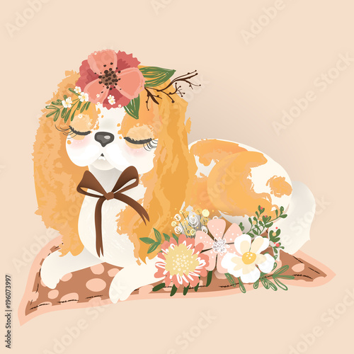 Cute dog Cavalier King Spaniel in flowers, floral wreath, bouquet and tied bow