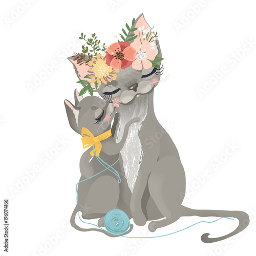 Cute mother cat, kitty in flowers, floral wreath, bouquet, yarn balls and tied bow with her kitten