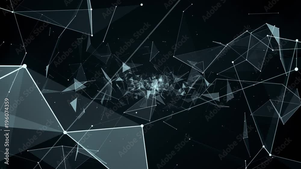 fly during network connections between nodes - dots 4k animation flight in geometric abstraction with connected dots lines and triangles