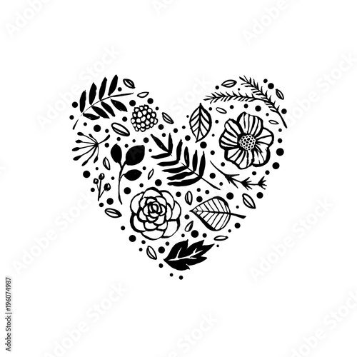 Flower heart shape pattern. Love card. Floral botanical elements. Hand drawn illustration. Nature vector design.