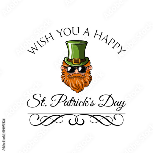Leprechaun in sunglasses with ornate frame and swirls. St. Patrick s Day. Vector illustration.