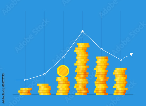 Coins stack vector illustration, flat coin money stacked icon flat, golden penny cash pile, treasure heap isolated on color background