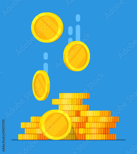 Coins stack vector illustration, flat coin money stacked icon flat, golden penny cash pile, treasure heap isolated on color background