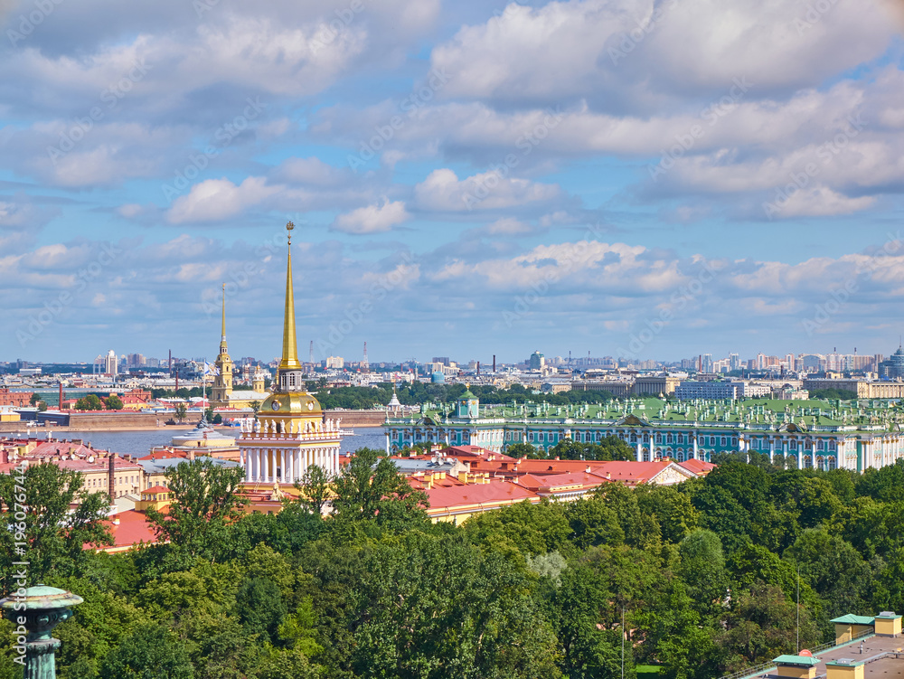 The Golden Spire of the Admiralty building. Aerial view of Saint Petersburg from the top of the Saint Isaac's Cathedral (Isaakievsky Sobor). Is a largest cathedral in the city. Russia