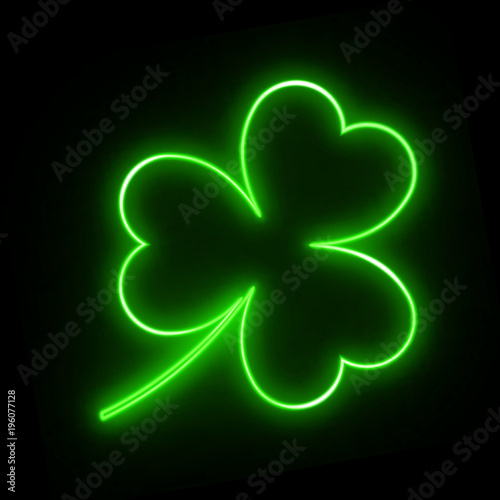 Neon green leaf clover on a black background for design on St. Patrick's day. Glittering vector illustration with the symbol of the Irish holiday