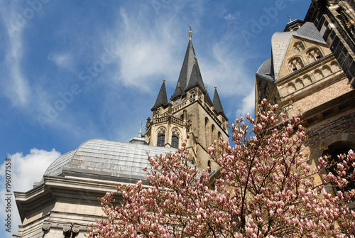 Aachen catherdral in spring time with a blooming magnolia tree