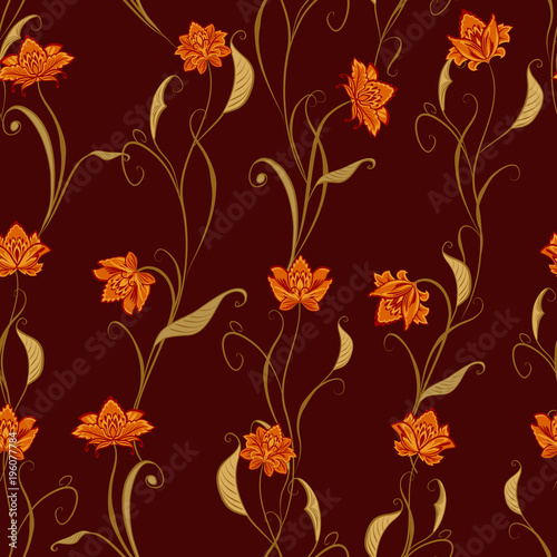 Fototapeta Naklejka Na Ścianę i Meble -  Abstract vintage pattern with decorative flowers, leaves and Paisley pattern in Oriental style.