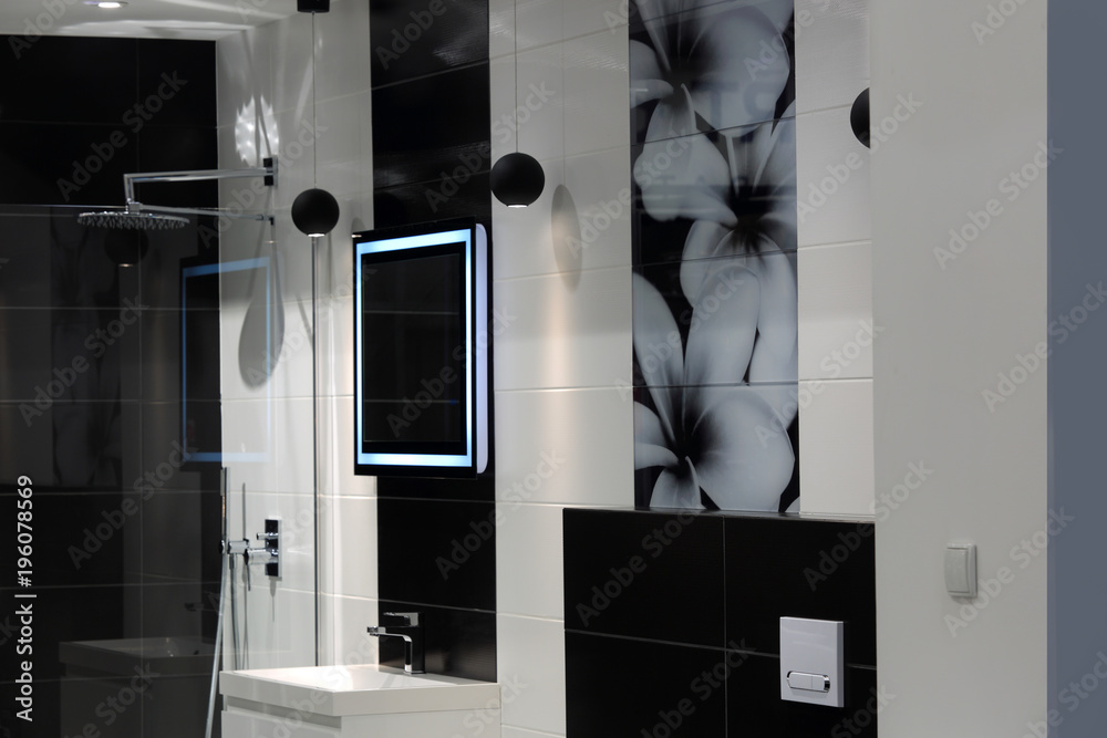 Piękna nowoczesna łazienka z kabiną prysznicową - obrazy, fototapety, plakaty 