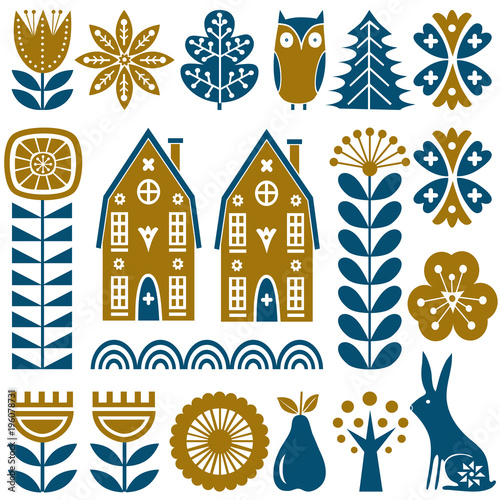 Scandinavian folk art seamless vector pattern with flowers, trees, rabbit, owl, houses and rural scenery in simple style