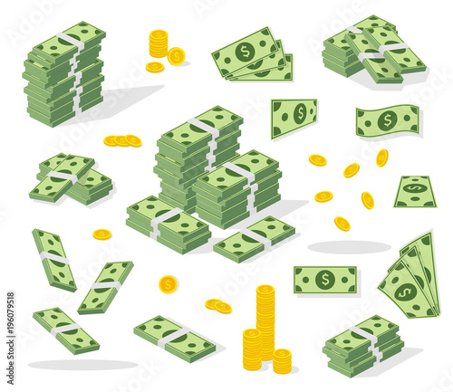 Set a various kind of money. Banking process. Packing in bundles of bank notes, bills fly, gold coins. Flat vector cartoon money illustration. Money cash heap, pile and stack money.
