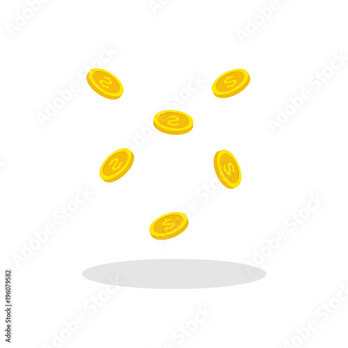 Flat style flying gold coins. Coins money falling vector illustration.