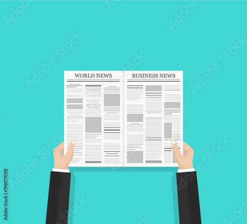 Daily business news and world news gazette concept. Opened newspaper in businessman hands. Flat style vector illustration isolated on green background.