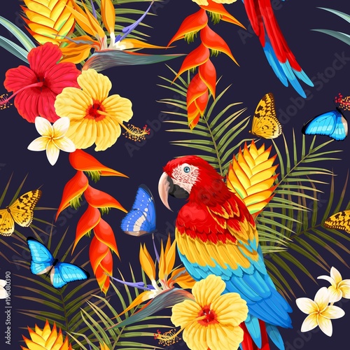 Seamless macaw and flowers