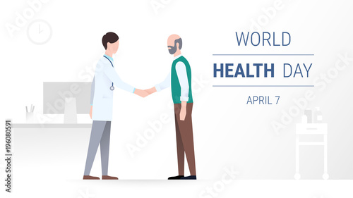 World health day design. Handshake a doctor with patient at a meeting in a clinic office. Healthcare, medical consultation concept. Vector flat illustration with interior background. 