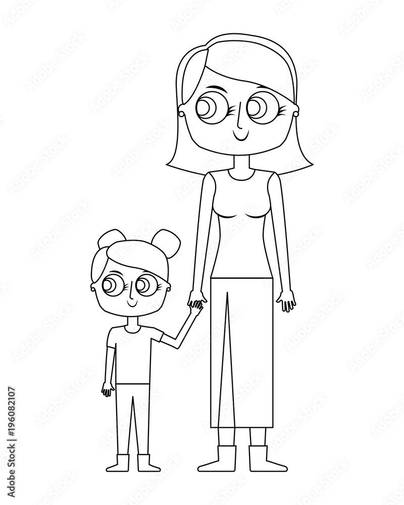 mother holding hand with her daughter vector illustration thin line mother holding hand with her daughter vector illustration thin line