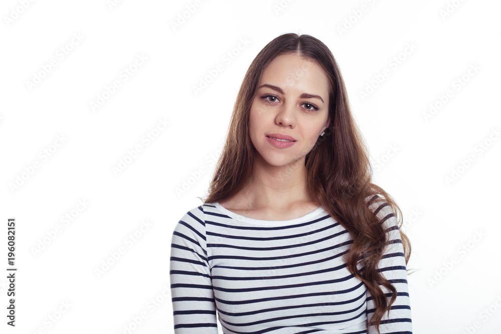 Portrait of a beautiful confident smiling elegant woman in smart casual wear on a white background. Portrait of a beautiful confident smiling elegant woman in smart casual wear on a white background.