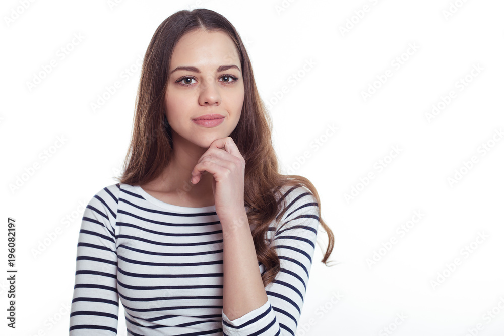 Portrait of a beautiful confident smiling elegant woman in smart casual wear on a white background. Portrait of a beautiful confident smiling elegant woman in smart casual wear on a white background.