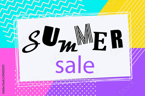 Summer background Memphis style. Retro ultraviolet backdrop 80s 90s pop art. Comic text lettering different font. Sale poster ultra violet. Halftone pattern vector illustration.