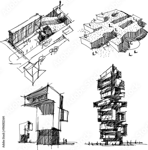 four hand drawn architectectural sketches of a modern abstract architecture with people around

