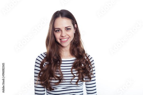 Portrait of a beautiful confident smiling elegant woman in smart casual wear on a white background. © My Ocean studio