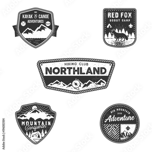 Travel badge, outdoor activity logo collection. Scout camps emblems. Vintage hand drawn travel badge design. Stock vector illustration, insignias, rustic patches. Isolated on white background