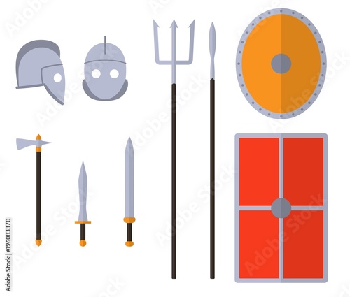 Gladiator weapons and armors set. Ancient warrior equipment. Gladius, dagger, trident, spear, helmet shield Vector illustration