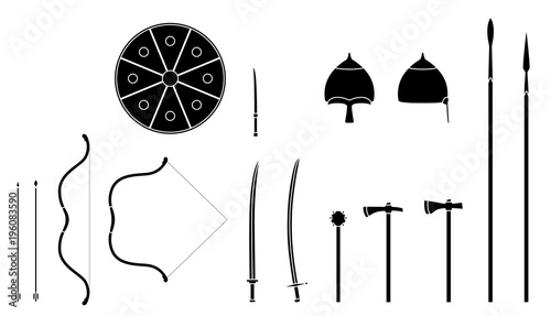 Mongol weapons and armors set. Mongol nomad warrior equipment. Sable, axe, male, spear, bow, arrows, helmet shield Vector illustration