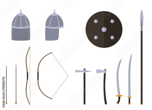 Nomad weapons and armors set. Nomad warrior equipment. Sable, axe, spear, bow, arrows, helmet shield Vector illustration