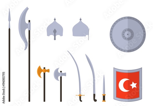 Medieval osman weapons and armors set. Osman turkish warrior equipment. Sabre, dagger, axe, spear, pike, helmet shield Vector illustration