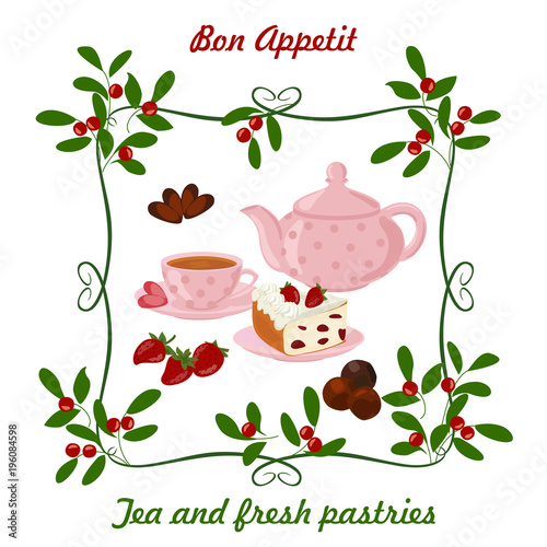 Kettle, Cup with tea, cake and berries. Background with teapot and Cup in the frame with berries.