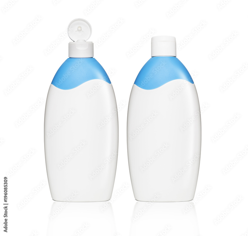 Plastic cosmetics, shampoo or gel bottle, closed and open
