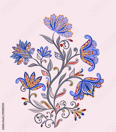 Bouquet of fantastic flowers. Background in ethnic traditional style.