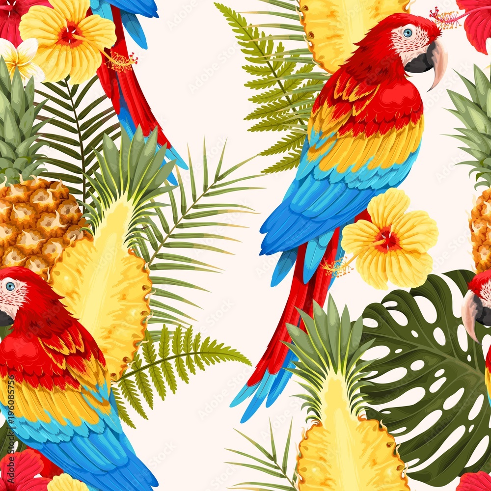 Obraz premium Seamless macaw, pineapple and flowers