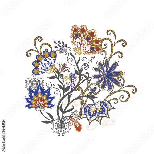 Bouquet of fantastic flowers. Background in ethnic traditional style.