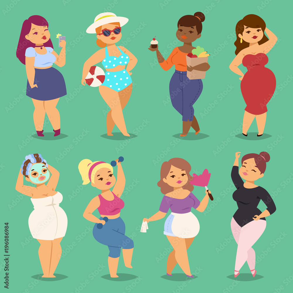 Fatty cartoon woman girl vector character people beauty style dress,  swimsuit, housewife, business lady. Fat body girl people fat girl in red  dress with hair curlers. overweight human large body Stock Vector |
