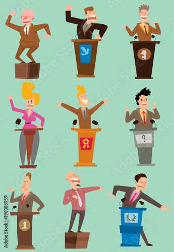 Orator politician people speakers broad gestures behind podium parliament, republican, democrat president speaker makes report public press debate politicians people eoquent speech before an audience