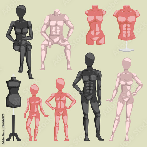 Vector shop beauty mannequin dummy doll model for fashion dress and plastic figure of human body doll illustration set of female male and kids manikins isolated on background