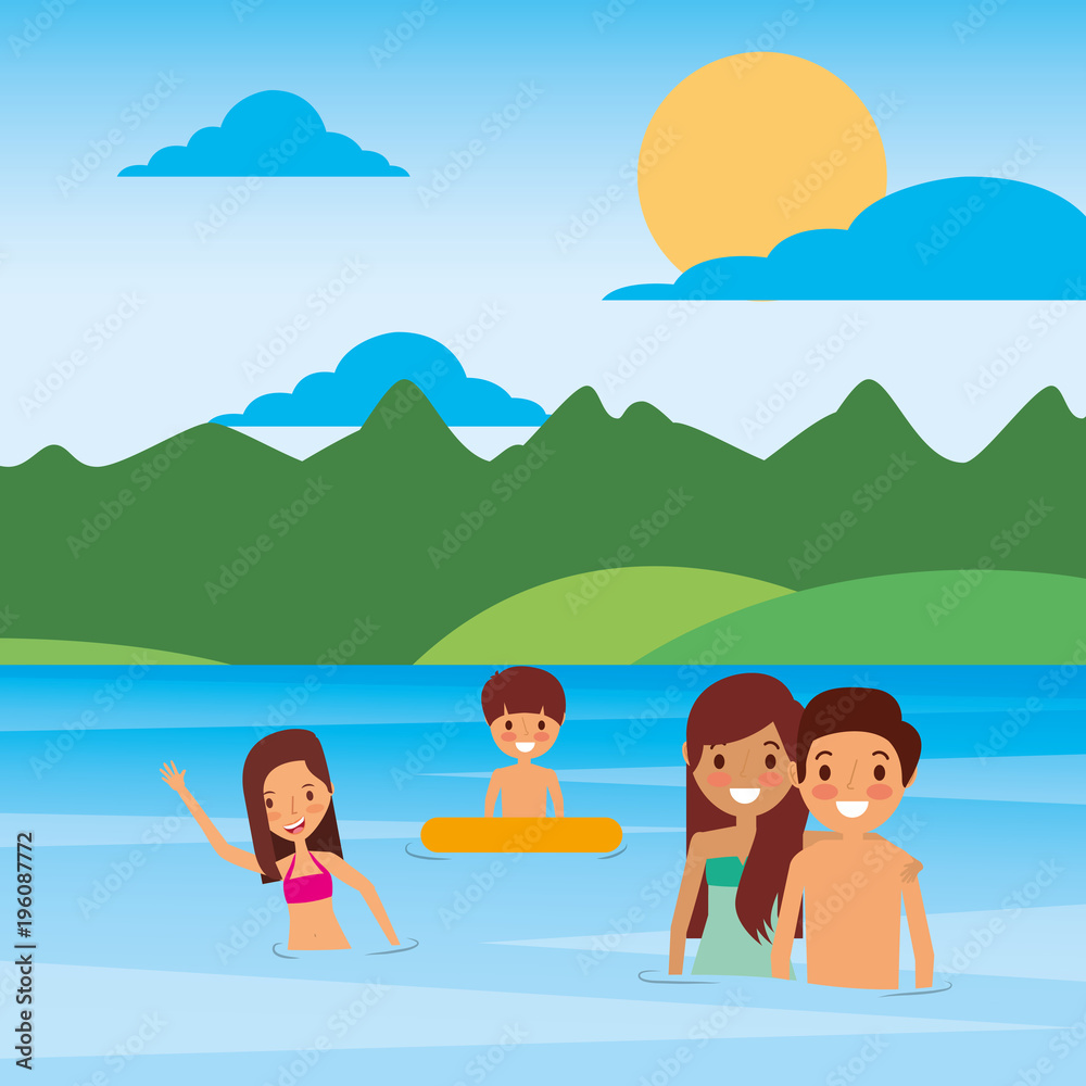 family dad and mom with two kids to the river vector illustration