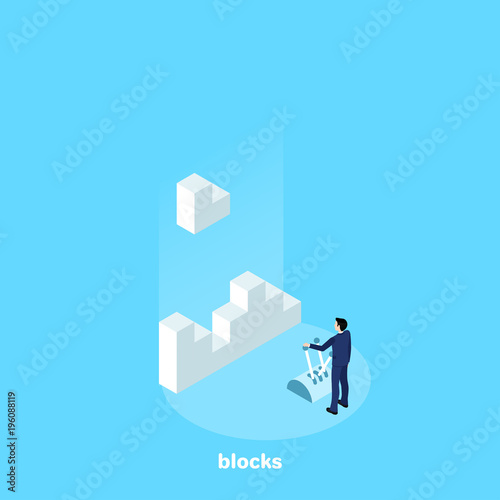 the man in the business suit manages the blocks by peeling them into one piece, an isometric image © dimon_ua