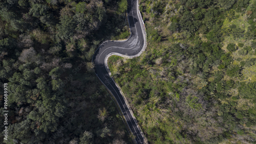 Aerial view of a small and narrow road passing through the forest trees. It is nobody. The street has a curve in the middle.