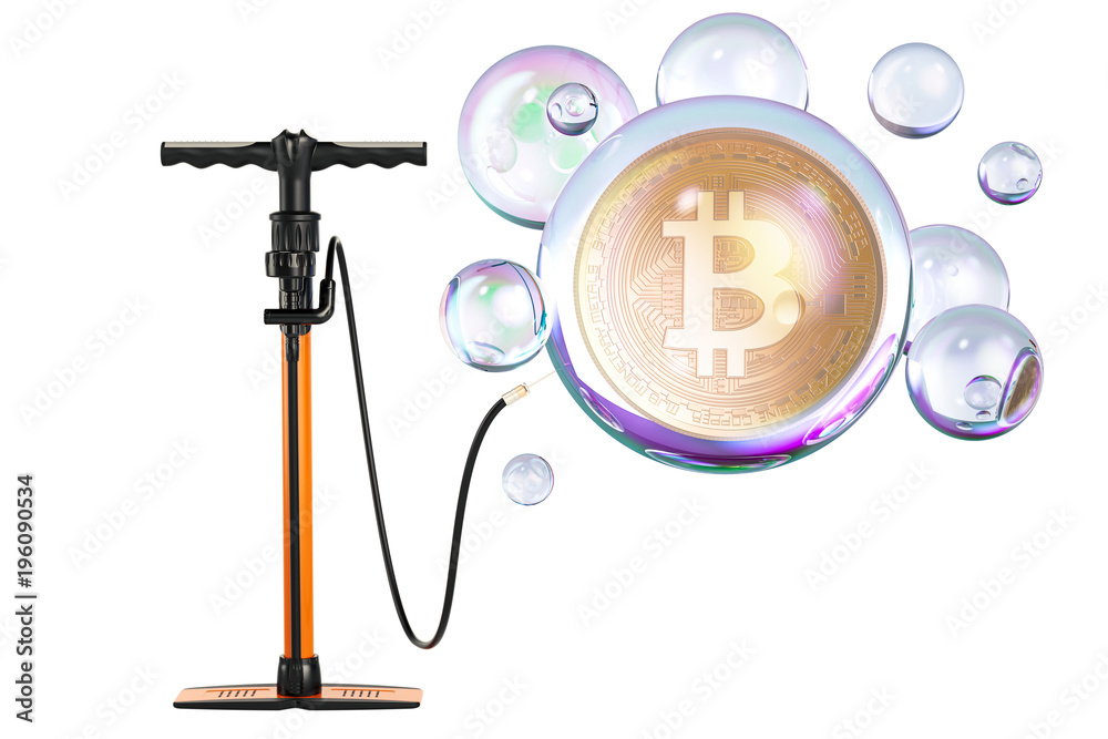 Bitcoin inside soap bubble with pump. Financial bubble concept, 3D rendering