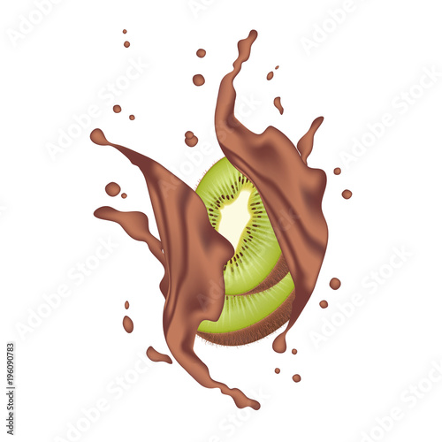 Kiwi fruit with milk chocolate splash crown isolated on white.