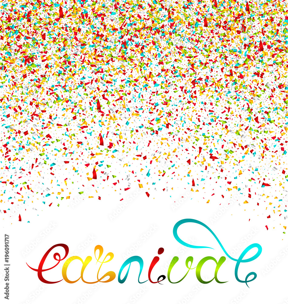 Hand Drawn Lettering for Carnival Party with Colorful Confetti. Poster, Card, Banner, Template