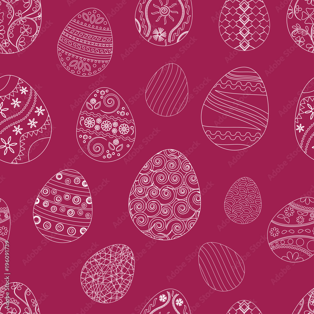 Festive seamless pattern with Easter eggs, white ornaments on burgundy background. Vector illustration Festive seamless pattern with Easter eggs, white ornaments on burgundy background. Vector illustration