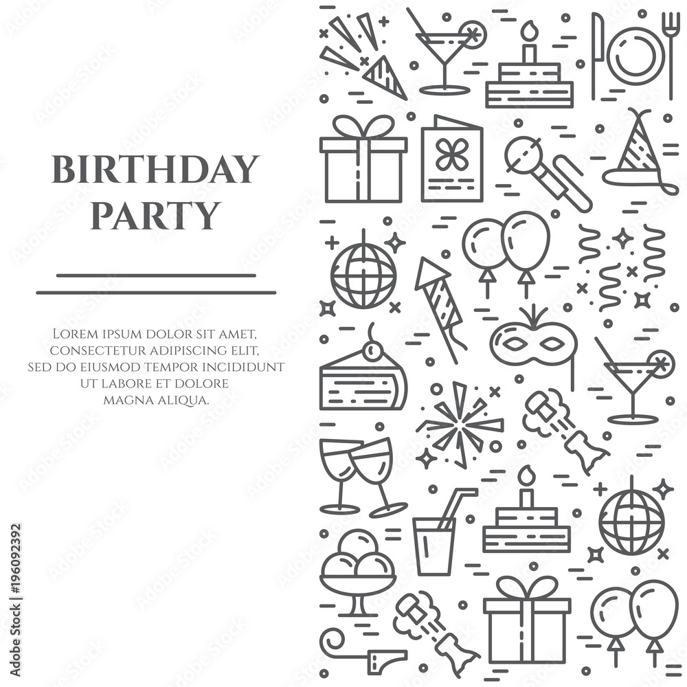 Birthday party banner with line icons with editable stroke in form ofvertical rectangle. Birthday party banner with line icons with editable stroke in form ofvertical rectangle.
