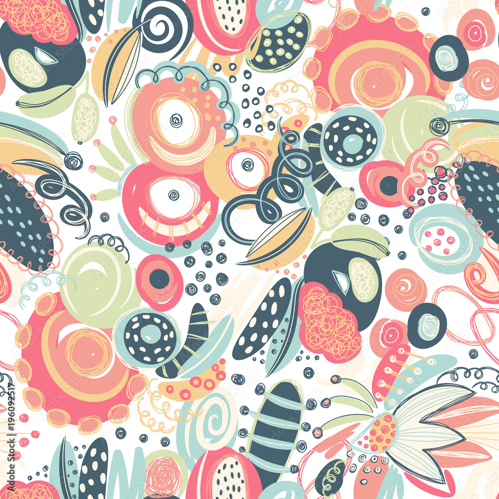 Naklejka premium Vector seamless pattern with hand drawn abstract shapes, scribbles, spirales. Stains and spots of paint. Creative background. Freehand style. Design with doodle. Wallpaper, textile, wrapping, cover