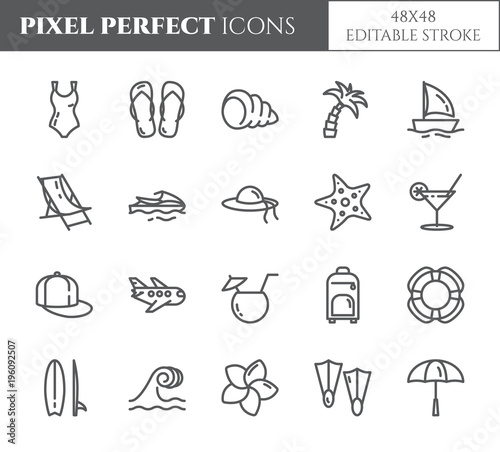 Summer vacation pixel perfect thin line icons set with editable strokes.