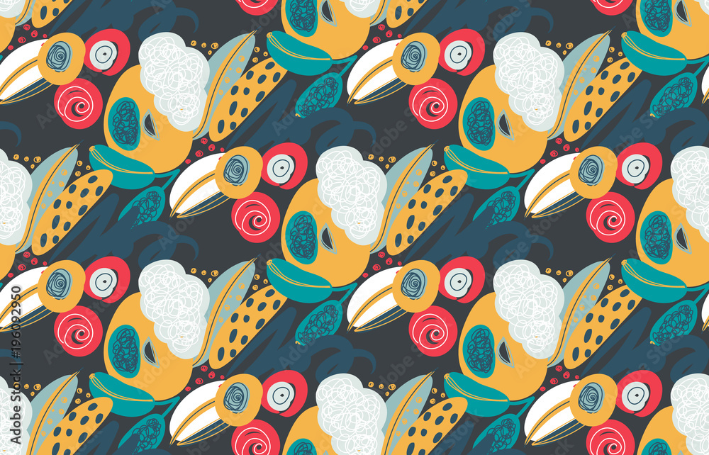 Vector seamless pattern with hand drawn abstract shapes, scribbles, spirales. Stains and spots of paint. Creative background. Freehand style. Design with doodle. Wallpaper, textile, wrapping, cover Vector seamless pattern with hand drawn abstract shapes, scribbles, spirales. Stains and spots of paint. Creative background. Freehand style. Design with doodle. Wallpaper, textile, wrapping, cover