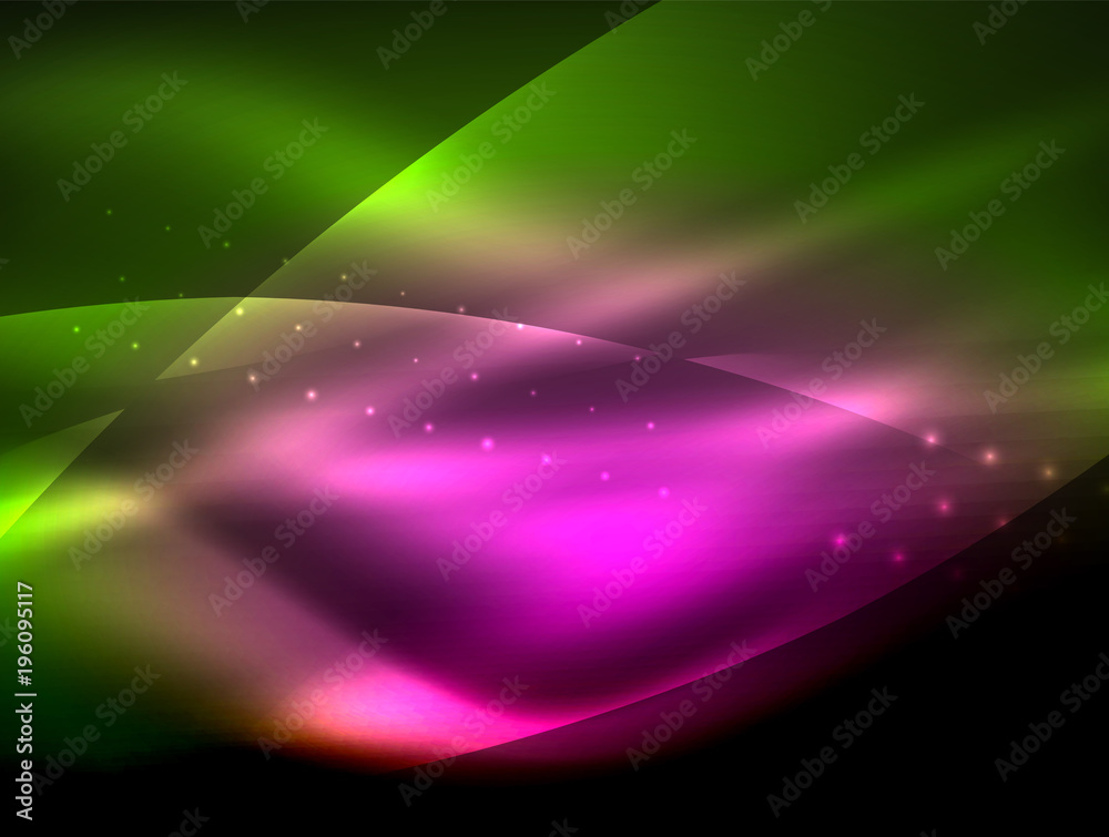 Obraz premium Neon wave background with light effects, curvy lines with glittering and shiny dots, glowing colors in darkness, magic energy