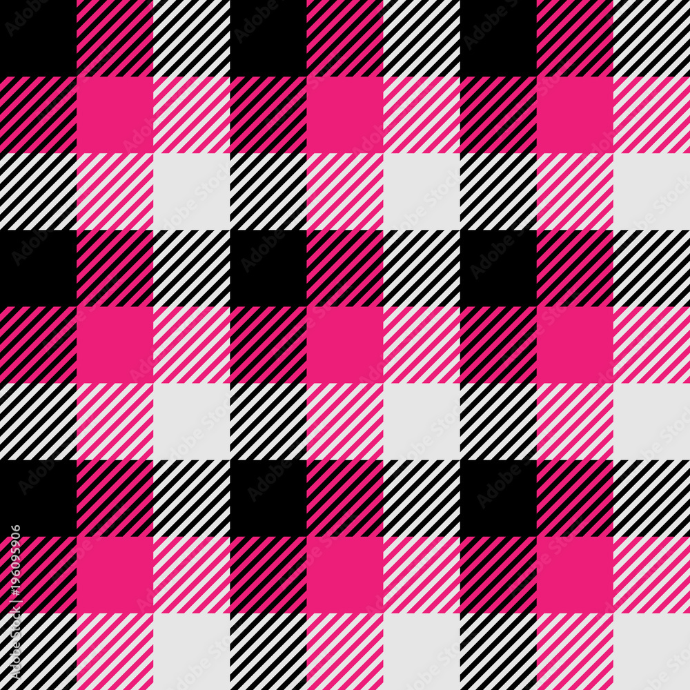 Lumberjack plaid pattern in pink, white and black. Seamless vector pattern. Simple vintage textile design. Lumberjack plaid pattern in pink, white and black. Seamless vector pattern. Simple vintage textile design.